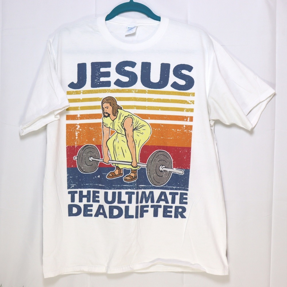 Port &‎ Company Jesus Deadlifter T-Shirt Mens Large White Excellent Graphic Tee